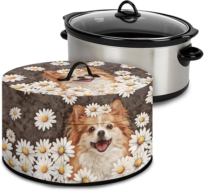 Pomeranian Dog Daisy Print Slow Cooker Cover with Storage Pocket Portable Stain Resistant Slow Cooker Cover for Kitchen Extra Accessories Fit 6/7/8 Quart Electric Oval Crock Pot