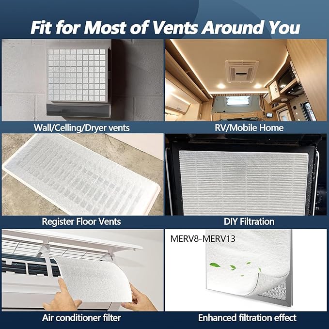 Air Vent Filters,12"x120"Cut to Fit Air Filter Material (60+Filters),MERV 8 Electrostatic Air Vent Filter for Home Floor, Grilles, Ceiling, HVAC Furnace Vents, With 48PCs Adhesive Hook Tape