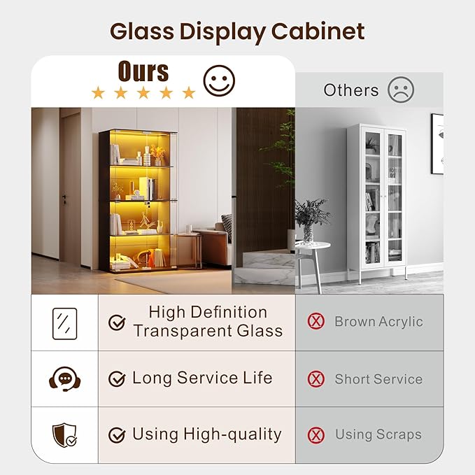 Lvifur Display Cabinet with Glass Doors, 66" Curio Cabinet with Lockable, 4-Tier Bookcase with 3 Color Lights for Collectibles, Storage Cabinets with Human Body for Books, Toys, Black