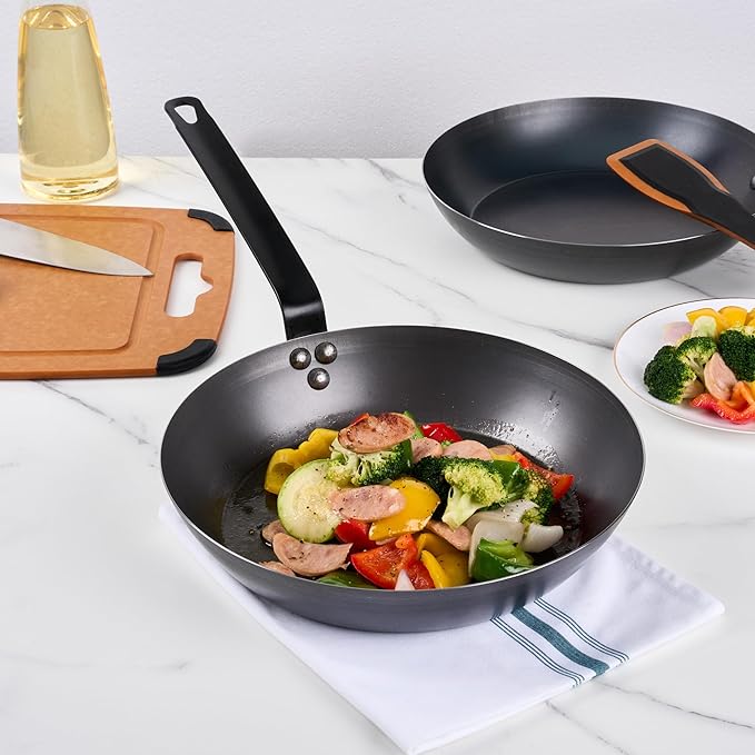 Met Lux 12 Inch Fry Pan, 1 Lightweight Frying Pan - Induction-Ready, Triple-Riveted, Black Carbon Steel Cooking Skillet, Durable, For Searing, Sauteing, And Browning Food - Restaurantware