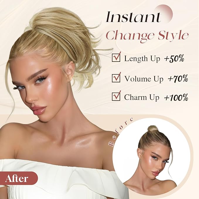 SOFEIYAN Claw Clip Hair Buns Hair Piece DIY Bendable Wires Short Ponytail Extension Fluffy Fake Hair Piece Straight Synthetic Hair Ponytail Extensions for Wonen - Golden Blonde with Highlights