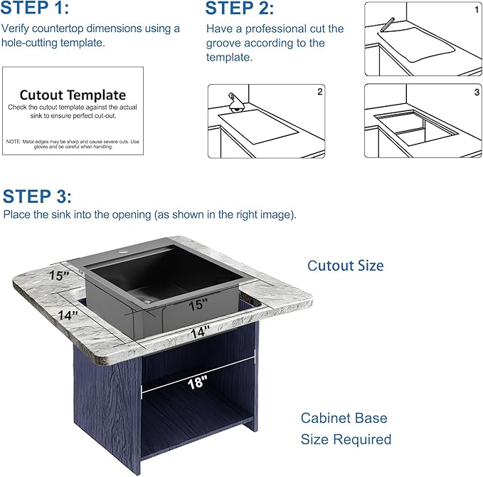 Scamall 15x15x9 Drop In Kitchen Sink Workstation, Nano Black 304 Stainless Steel Deep Single Bowl with Quick Drainage & Tarnish-Free Surface for Bar, Laundry, RV, Includes Accessories
