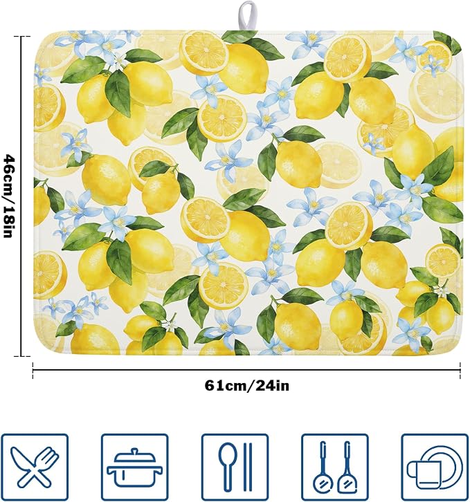 Kawani Lemon Dish Drying Mat 18x24 Inch Absorbent Reversible Summer Drying Mat - Image 2