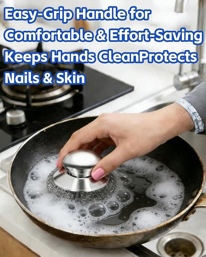 Stainless Steel Wool Scrubber with Handle, Steel Scrubber Wool Pads, Scrubbing Scouring Brush Pads for Cleaning Dishes, Stoves, Kitchen Pots, Pans