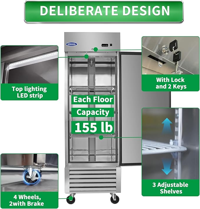 27"W Commercial Reach-In Upright Freezer - Low Noise & Energy Saving, Stainless Steel Freezer, 3 Adjustable Shelves, LED Lighting, 23 Cu.ft, Automatic defrost, Digital Temperature Control