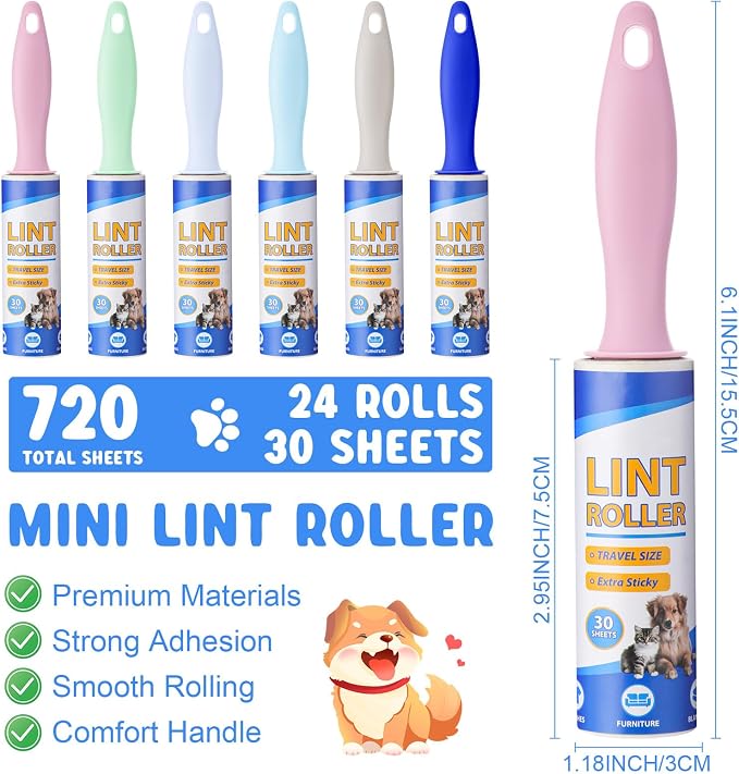 Hushee 24 Pack Mini Lint Rollers, 720 Sheets 6" Pet Hair - Image 2