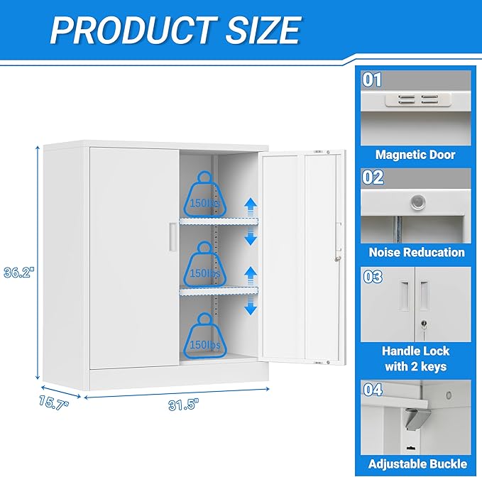 BESFUR Metal Storage Cabinets, Steel Locking Cabinet with 2 Shelves and Doors, White Garage Cabinet for Home Office, School, Garage, Utility Room, and Basement