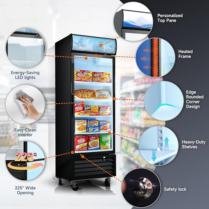 20 Cu.Ft Single Door Commercial Upright Display Freezer Merchandiser —Glass Doors With ETL Certified, -8 to -1℉,Auto Defrost, Heated Door Frame, LED Lighting, for Cafes, Restaurants, Stores.