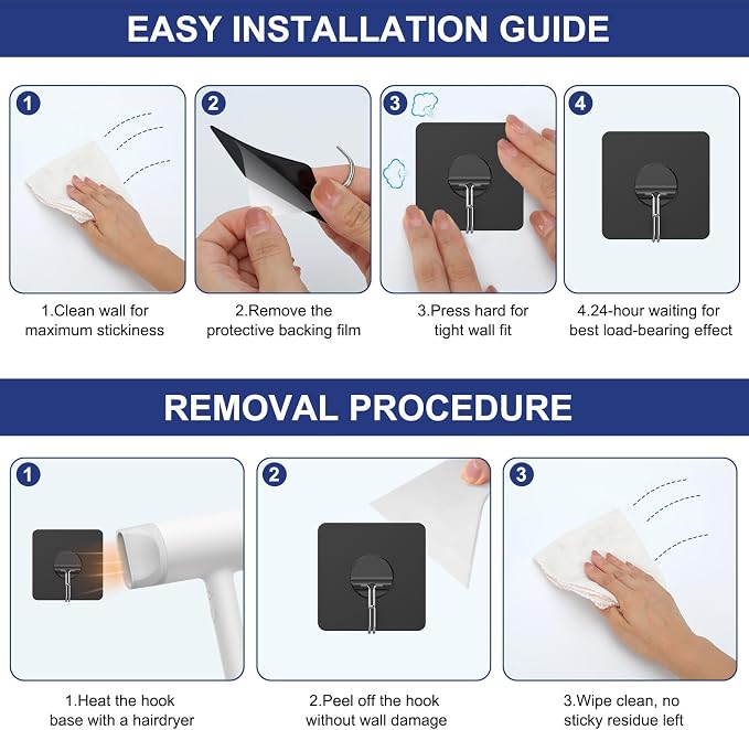 Adhesive Wall Hooks No Drill Black Heavy Duty, 13LB Sticky 12 Pack | Waterproof - Image 7