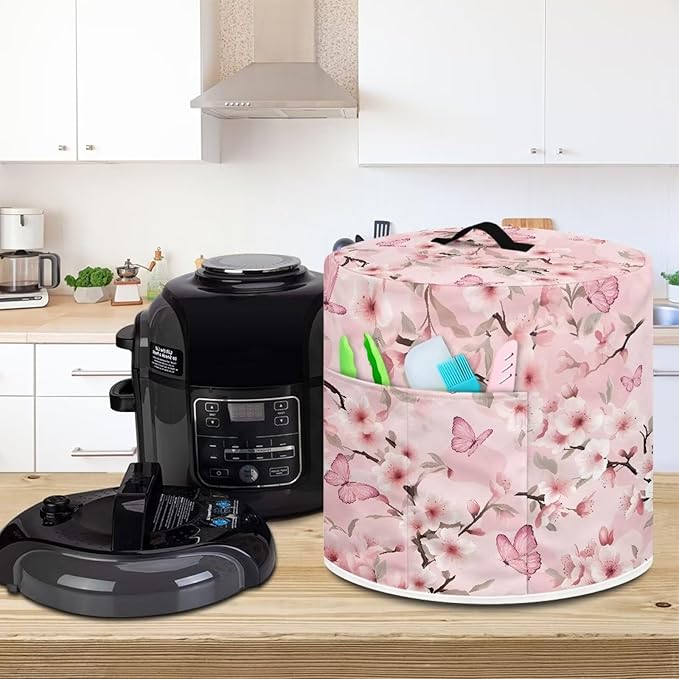 Pink Flower Dust Cover with Pocket for Instant Pot, Rice Cooker and Air Fryer - Round Pressure Dust-Proof Stain Resistant Electric Appliance Cover Easy to Clean