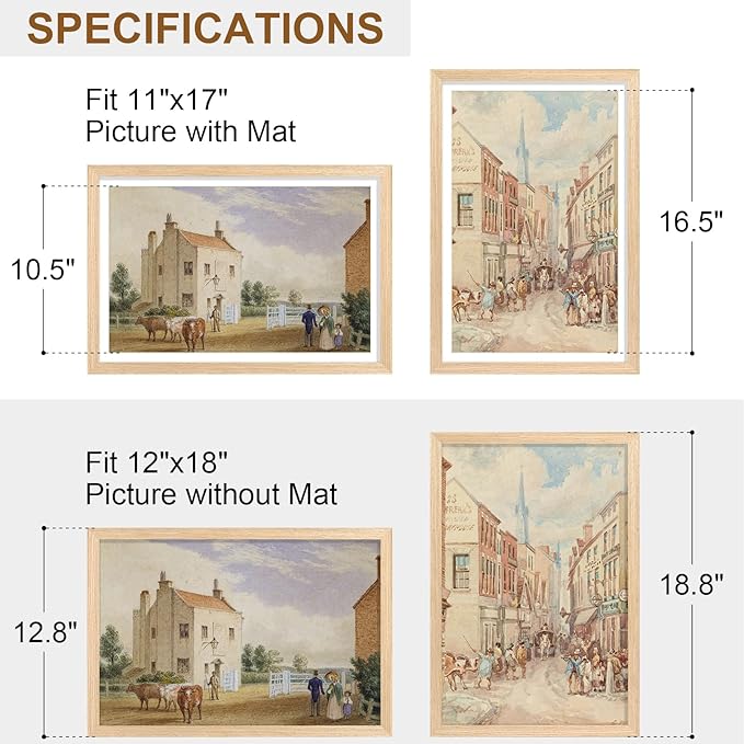 Vittanly 12x18 Picture Frame, Solid Wood Frame with Plexiglass, Includes 11x17 Mat, Wall Hanging for Photos, Home Decor, Natural, 1 Pack