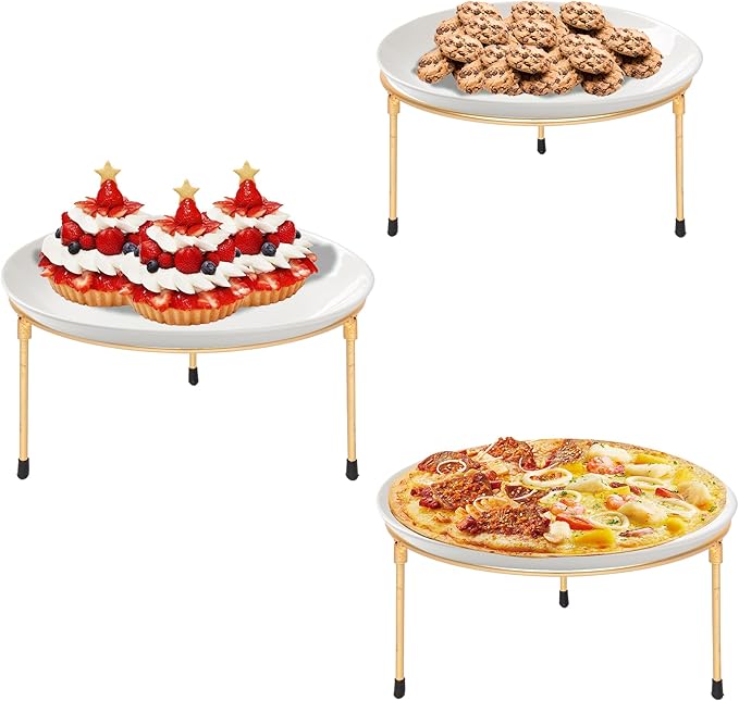 HPC DECOR Set of 3 Gold Metal Wire Pizza Pan Riser Stands-Round Pizza Tray Riser Rack ,Tabletop Display Racks for Food Platter Tray- Metal Display Stands,Pizza Rack Tray for Home,Restaurant and Party.