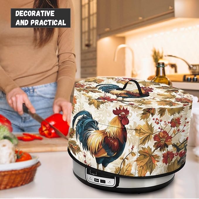 Vintage Rooster Maple Leaf Print Slow Cooker Dust Cover Protective with Accessory Pocket Stain Resistant Slow Cooker Cover Easy to Clean Fits for Most 6/7/8 Quart Crock Pot for Fall Decor