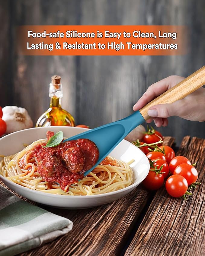 Cooking Spoon for Nonstick Cookwares, Great for Cooking and Serving Sturdy BPA-Free Matte Silicone, Wood Handle Spoon for Mixing, Scoop, and Scrape (TURQ, 13.4 inch)