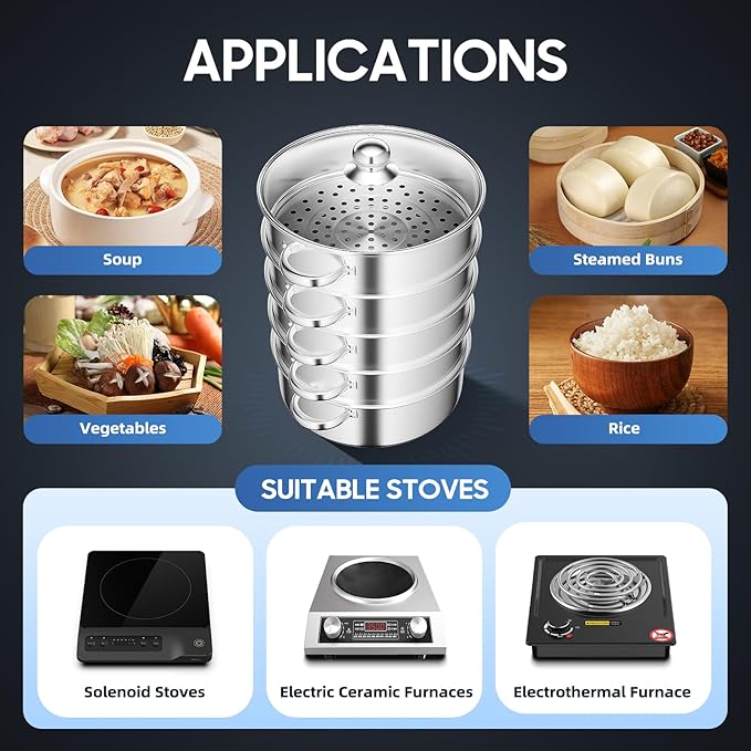 5 Tier Stainless Steel Steamer Pots Stackable Pan Steamer Cooking Pots Steam Canner with Lid Cookware Steaming Pots for Kitcken (28CM)