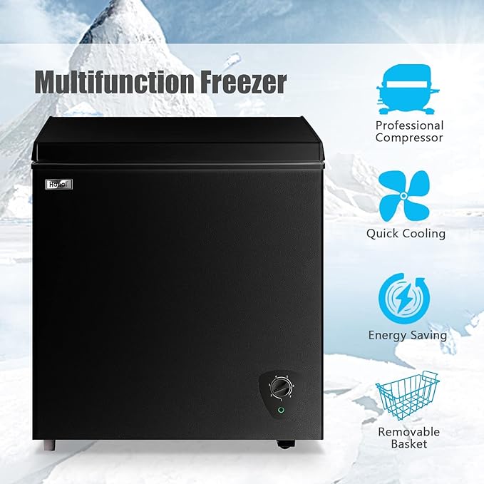 Chest Freezer 5.0 Cu.Ft Small Deep Freezer Black Top Door Mini Freezer with Removable Basket, Low Noise, 7 Adjustable Temperature and Energy Saving Perfect for Home Garage Basement Dorm or Apartment