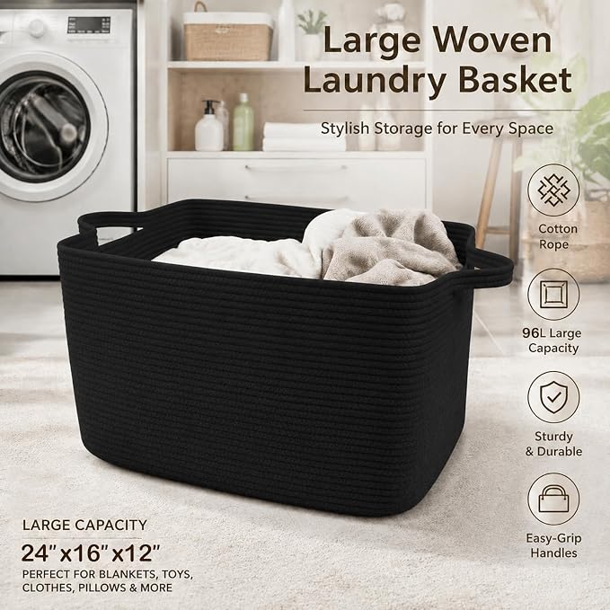 96L Woven Laundry Basket with Handles, Extra Blanket Basket - Image 5