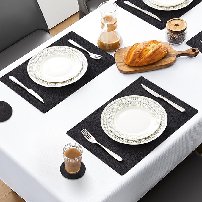 MOSAYT Faux Leather Placemats Set of 6, Heat Resistant Wipeable Washable Vinyl Place Mats with Coasters, Waterproof Oil Proof Table Mats for Kitchen Dining Party Indoor Outdoor, 12" x 18", Black