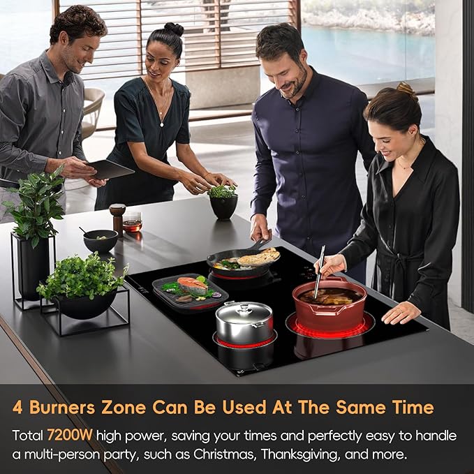 Electric Cooktop 30 inch 4 Burner, 6700W Built-in Radiant Electric Stove Top with Knob Control, Electric Ceramic Stove Cooktop with 11 Level Power Adjustable, 220-240V, Hard Wire