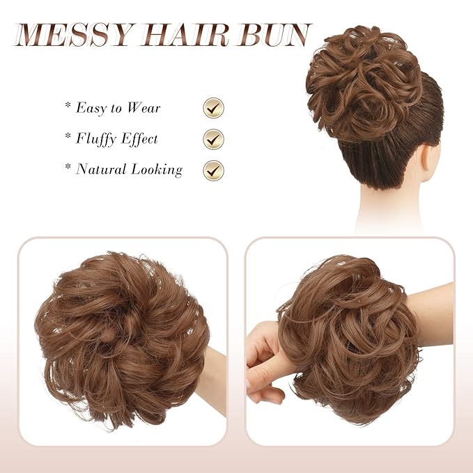 FESHFEN Large Messy Bun Hair Piece - Wavy Synthetic Chignon Scrunchies Elastic Ponytail Hair Extensions Thick Hairpieces for Women, Copper Brown 1.94oz