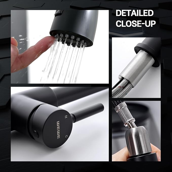 WEWE Pull-Down Kitchen Faucet, Leak-Proof, Matte Black, Single Handle | - Image 7