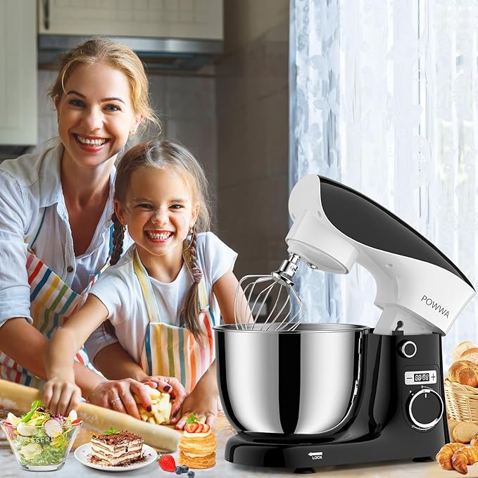 Stand Mixer, 6.5QT 10 Speeds Tilt-Head Electric Stand Mixer, 3-In-1 Kitchen Mixer with Bowl, Dough Hook, Whisk and Beater, Food Mixer for Baking and Daily Use (BLACK WHITE)