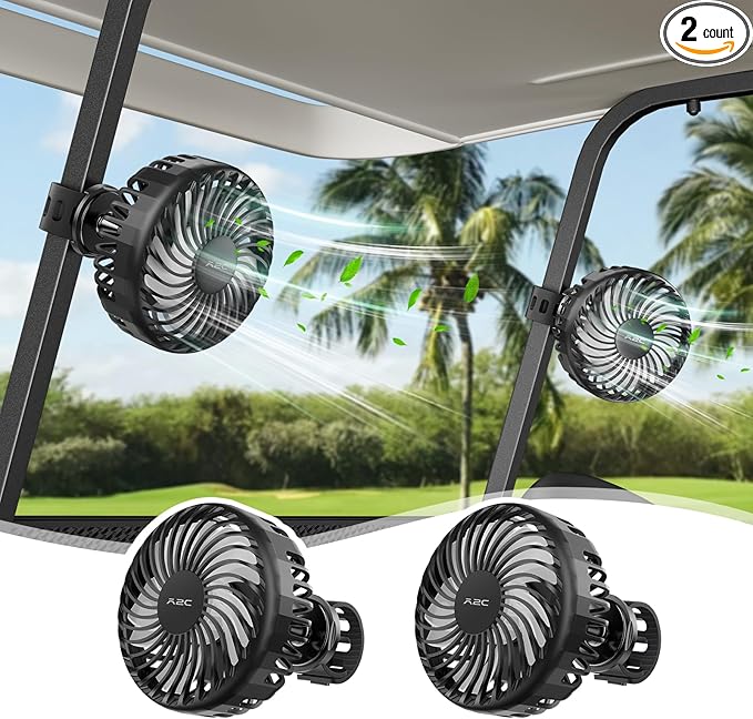 A2C Rechargeable Golf Cart Fan, 3 Speed Settings, 360° Rotation, Portable 4000mAh Battery Cooling Fan for EZGO, Club Car, Yamaha, Forklifts, Lawn Mowers, Fits 0.5"-1.5" Bars
