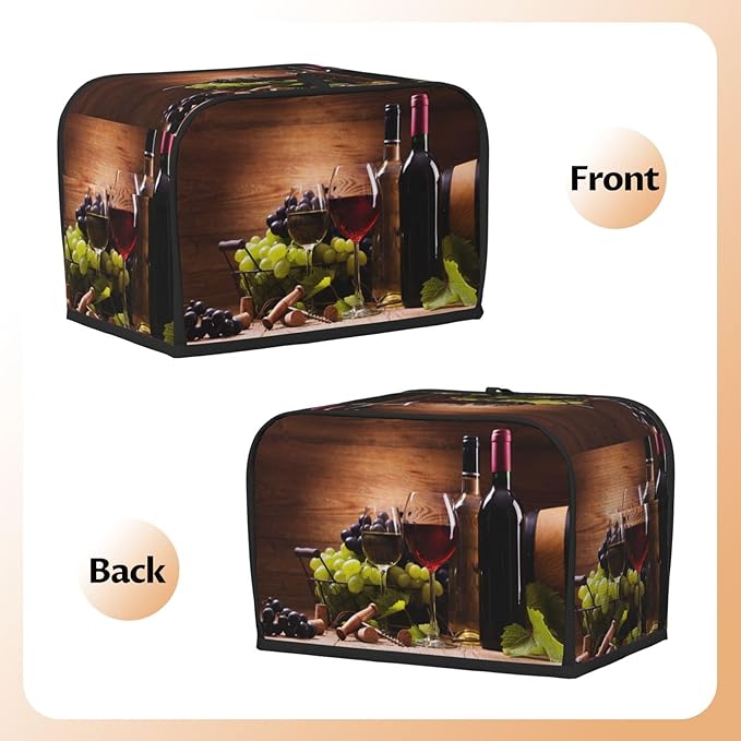 Red Wine Glasses Grape Wooden 2 Slice Toaster Cover, Waterproof Toaster Dust Cover Bread Maker Protective For Small Kitchen Appliance Dining Room Home Table Decor Gifts