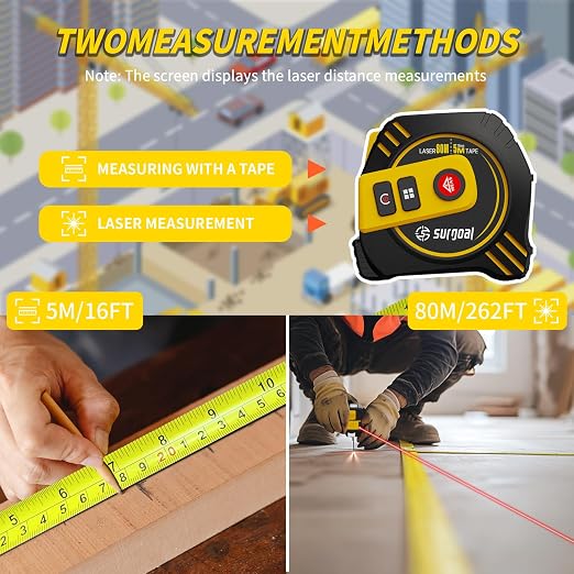 2-in-1 Laser Tape Measure USB-C Recharge 262Ft Laser & 16Ft Tape Red-Beam - Image 2
