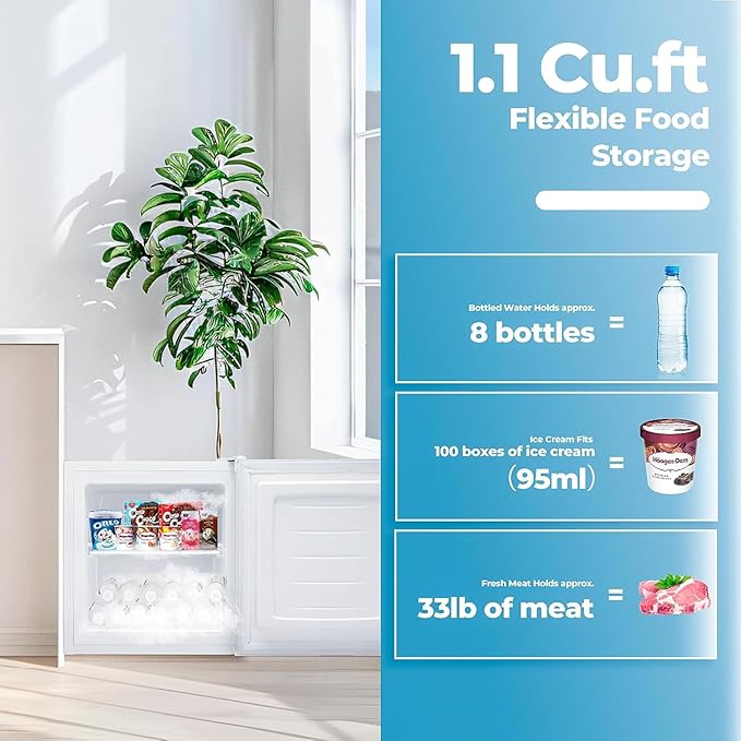 1.1 Cu.ft Small Freezer, Mini Upright Freezer with 7 Adjustable Thermostat, Removable Shelves, Reversible Single Door, for Bedroom/Home/Dorms/Apartment (White)