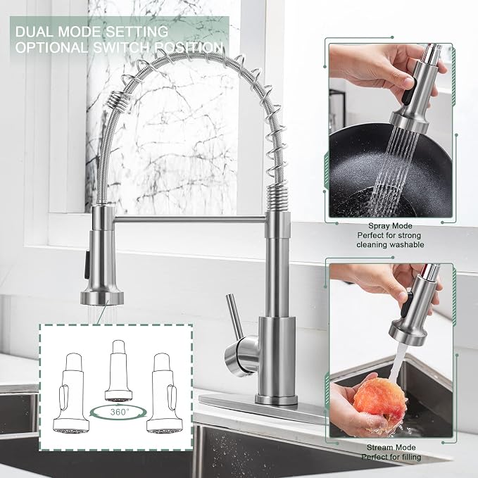 WEWE Pull-Down Kitchen Faucet, Stream & Spray Modes, Brushed Nickel | 17-Inch - Image 3