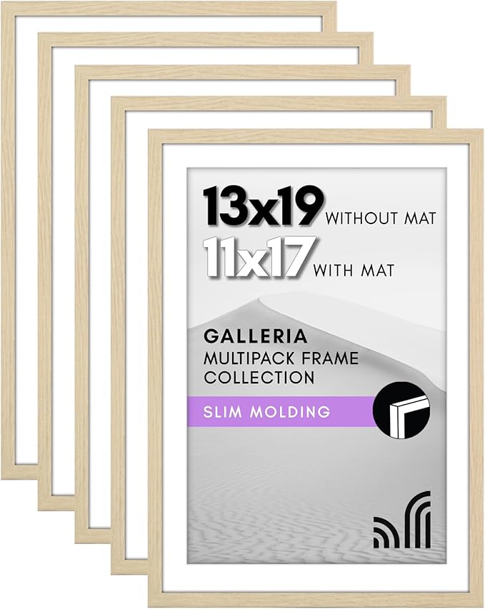 Americanflat 13x19 Picture Frame with Polished Plexiglass - Set of 5 - Use as 11x17 Frame with Mat or Display 13x19 Photo Without Mat - Galleria Collection - Picture Frames for Wall - Natural Oak