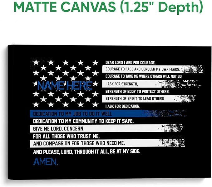 Personalized Police Poster & Framed Canvas, Police Officer Prayer Thin Blue Line Home Office Decor, Custom Name Bedroom Living Room Aesthetic Wall Art Gift For Men, Women, Son