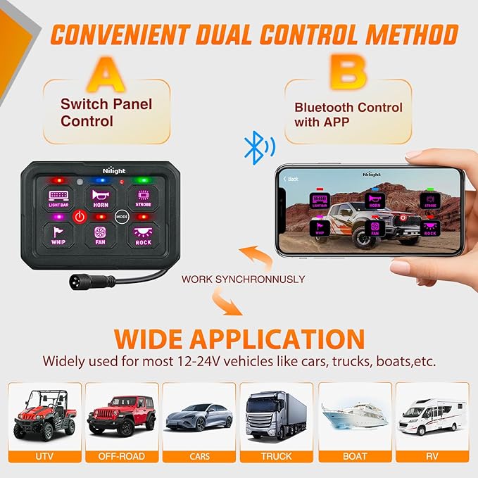 Nilight 6 Gang Switch Panel Circuit Control Relay System APP RGB Backlight Fuse Wiring Harness Toggle Momentary Strobe Flash Modes Automatic Dimmable 12V 24V for Car Truck Camper SUV