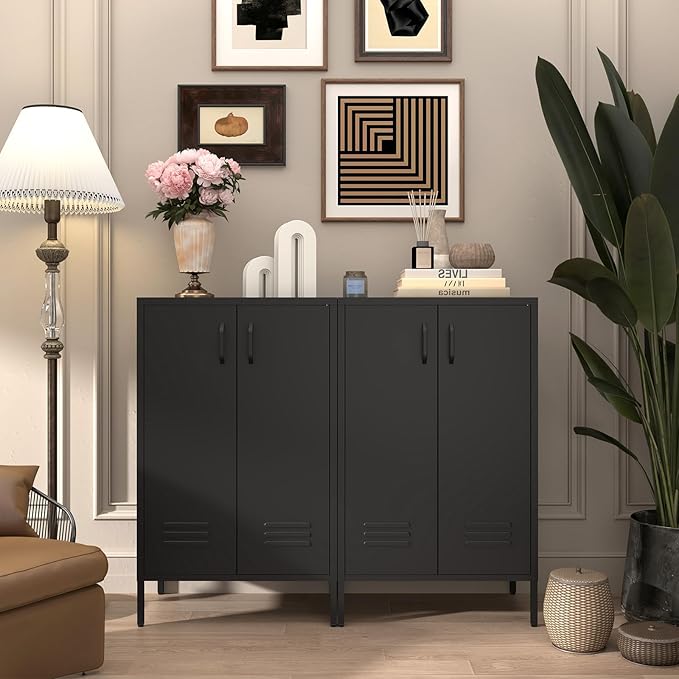 Metal Storage Cabinet,Metal Cabinet with Adjustable Shelves, 2 Door Locker Cabinets with Doors,Morden Accent Cabinets for Living Room,School,Office,Black