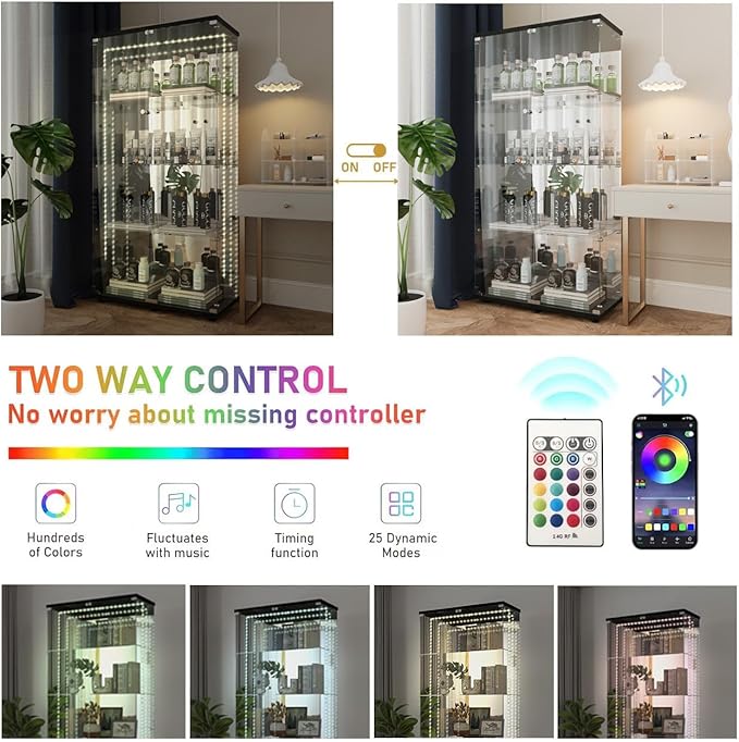 Yoluckea 4 Tiers Glass Display Cabinet with Bluetooth LED Light Strip, 2 Doors Floor Standing Curio Cabinet with Adjustable Feet and Mirror Back Panel, Black Glass Bookshelf for Collections, Wood Top