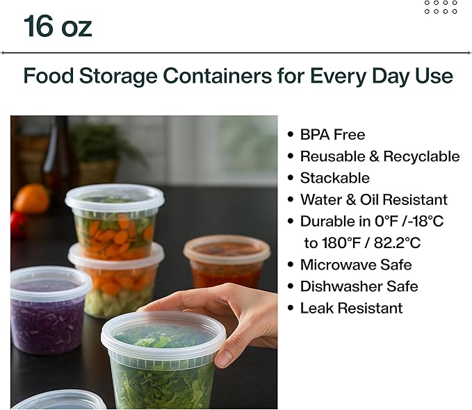 16oz [24 set] Heavy Duty Plastic Deli Container | BPA-Free Food Storage with Airtight Leak‑Proof Lids | Microwave, Freezer & Dishwasher Safe – Stackable, Bulk Reusable Soup & Meal Prep Tub