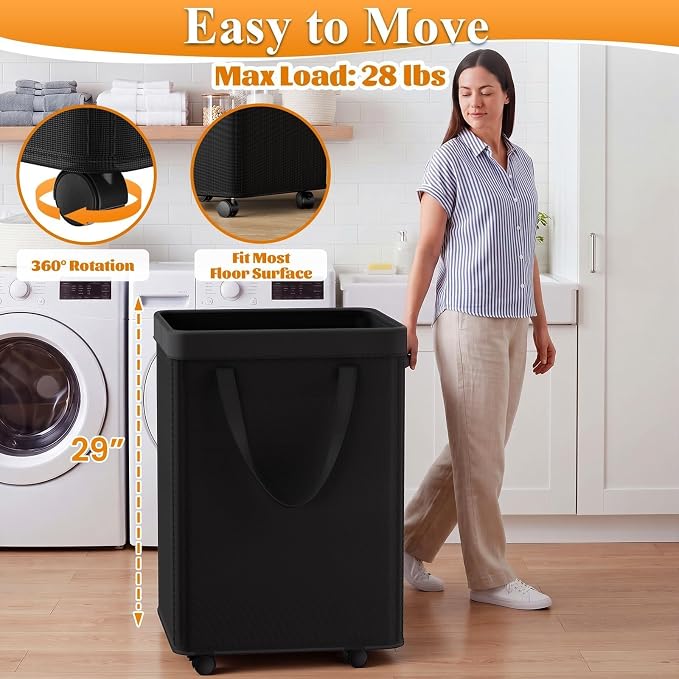 Optish 90L Laundry Basket with Wheels, Rolling Hamper with Removable Bag - Image 2
