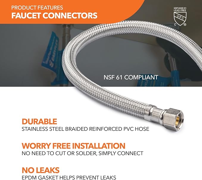 Stainless Steel Braided Water Connectors with Reinforced PVC Inner Hose for Faucets, 3/8" Compression x 3/8" Compression, 20" Length (2Pack)