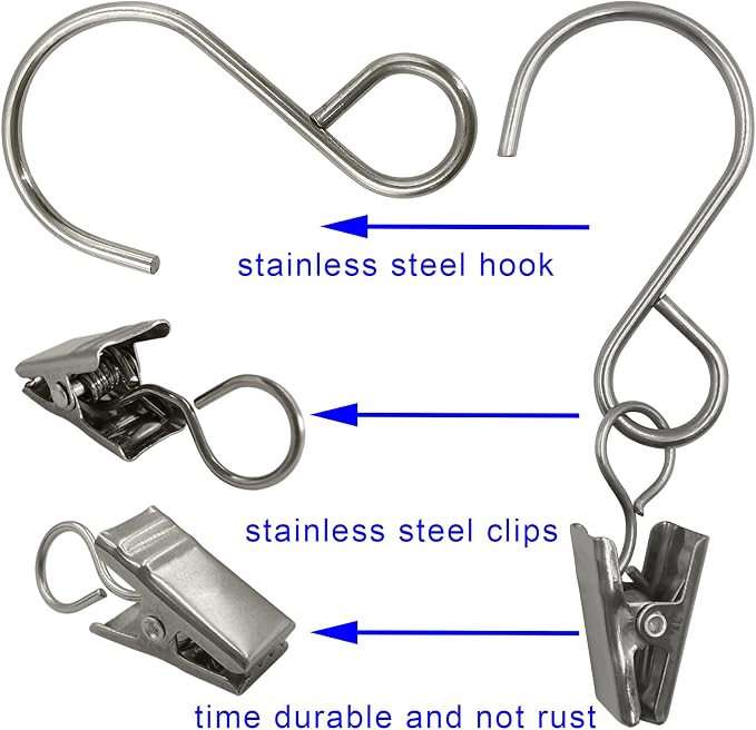 Stainless Steel S Hooks Curtain Clips, 50 Pack Hanging Party Lights Clips - Image 3