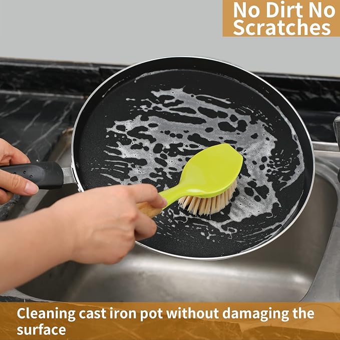 2 Pack Kitchen Dish Brush Bamboo Handle Dish Scrubber Built-in Scraper | Scrub - Image 7