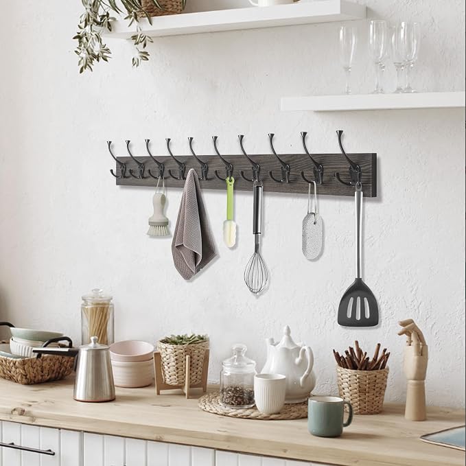 IBosins Vintage Wall Mounted Coat Rack, 10 Rustic Coat Hooks Rail - Image 4