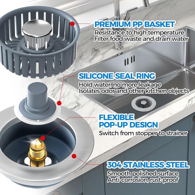 zaa 3 in 1 Kitchen Sink Drain Strainer Stopper Removable Basket Pop-Up - Image 5