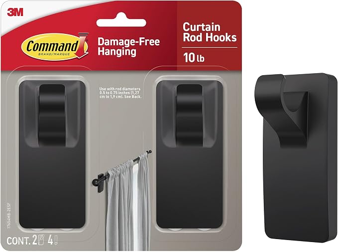 Command Medium Black Curtain Rod Hooks, 2 Hooks, 4 Strips | No Drilling Home by Unknown