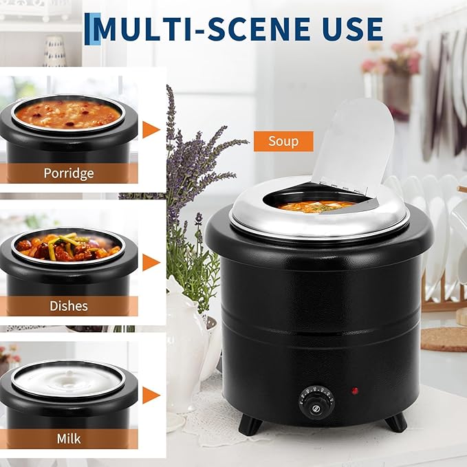 13.7QT Electric Soup Warmer Kettle - Commercial Detachable Insert Soup Pot with Adjustable Temperature, Hinged Lid & Multi-Food Use (Soup/Porridge/Dishes/Milk), Black for Restaurant/Buffet