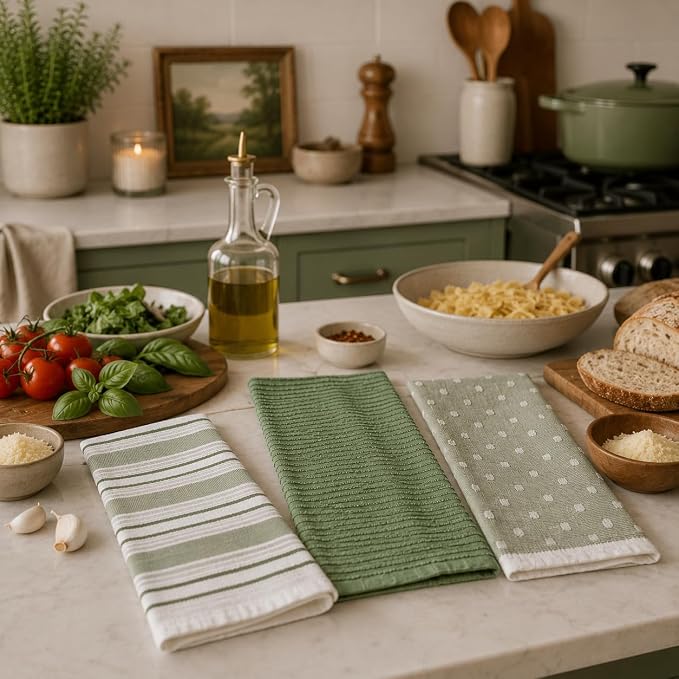 Sage Green Striped Kitchen Hand Dish Towels, 100% Cotton - Image 2