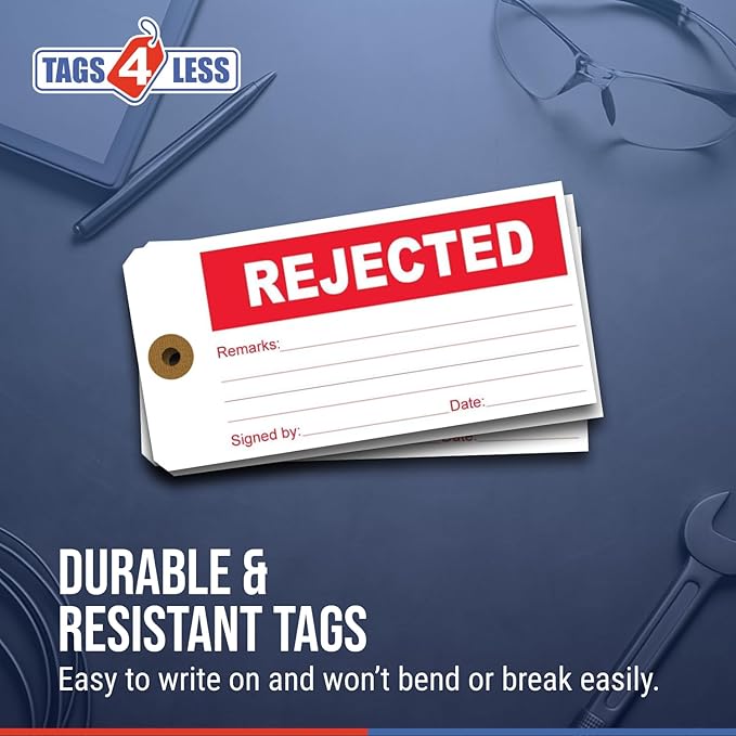 Tags 4 Less Production Quality Control Hang Tags – Equipment Preventative Maintenance Labels, for Easy Record-Keeping for Inventory Status (Rejected, Pack of 100)