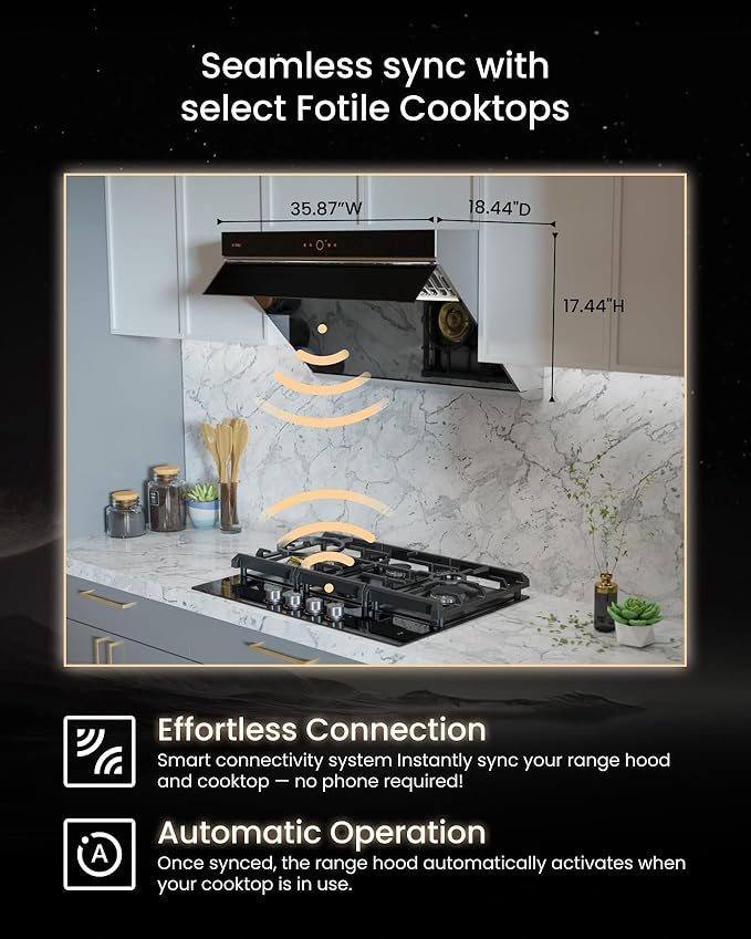 FOTILE JQG9007 36" Under Cabinet or Wall Mount Kitchen Range Hood 1100 CFM 4 Speed Level with LED Lights, Fingerprint Resistance and Motion Control