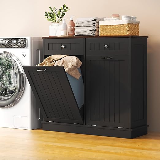Tilt Out Trash Can Cabinet Dog Proof with Double Wood Hidden Trash Can Holder, Kitchen Free Standing Recycling Cabinet（Black）