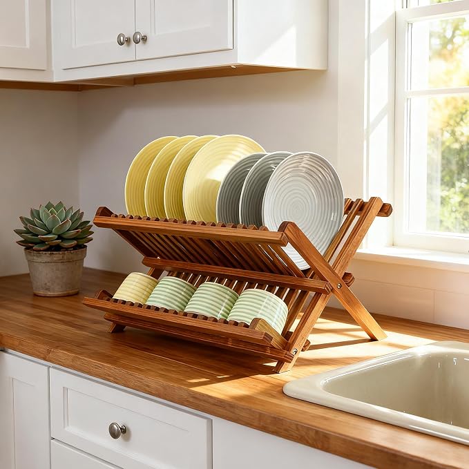 Utoplike Teak Wood Dish Drying Rack, Foldable Plate Organizer Countertop | - Image 5